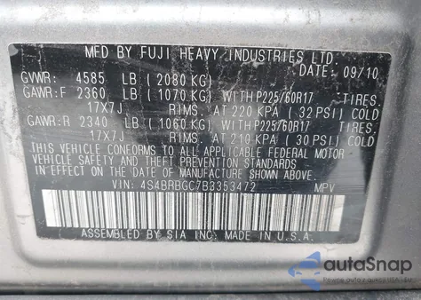 2011 Subaru Outback 2.5I Premium from USA, damaged, VIN 4S4BRBGC7B3353472